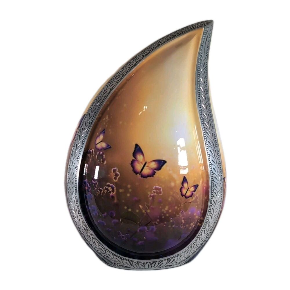 Large 12" Butterfly & Sun Etched Silver Metal Urn Yellow Purple Floral Design - Picture 3 of 6